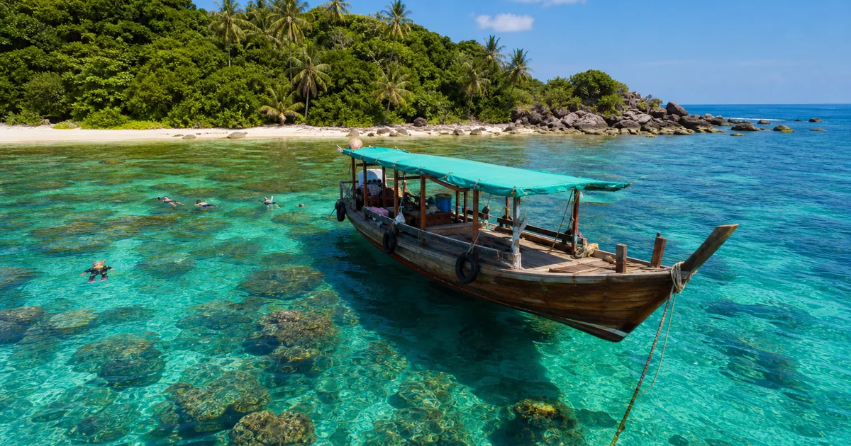 Turquoise waters and coral reef visible beneath the surface near Hon Thom island in the An Thoi archipelago, Phu Quoc, Vietnam