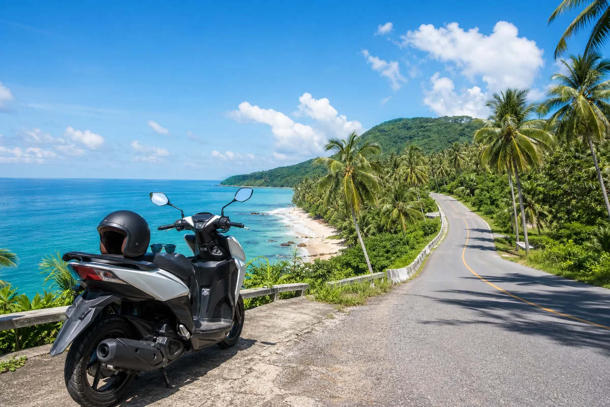 Sunny Phu Quoc coastal road for scooter riding