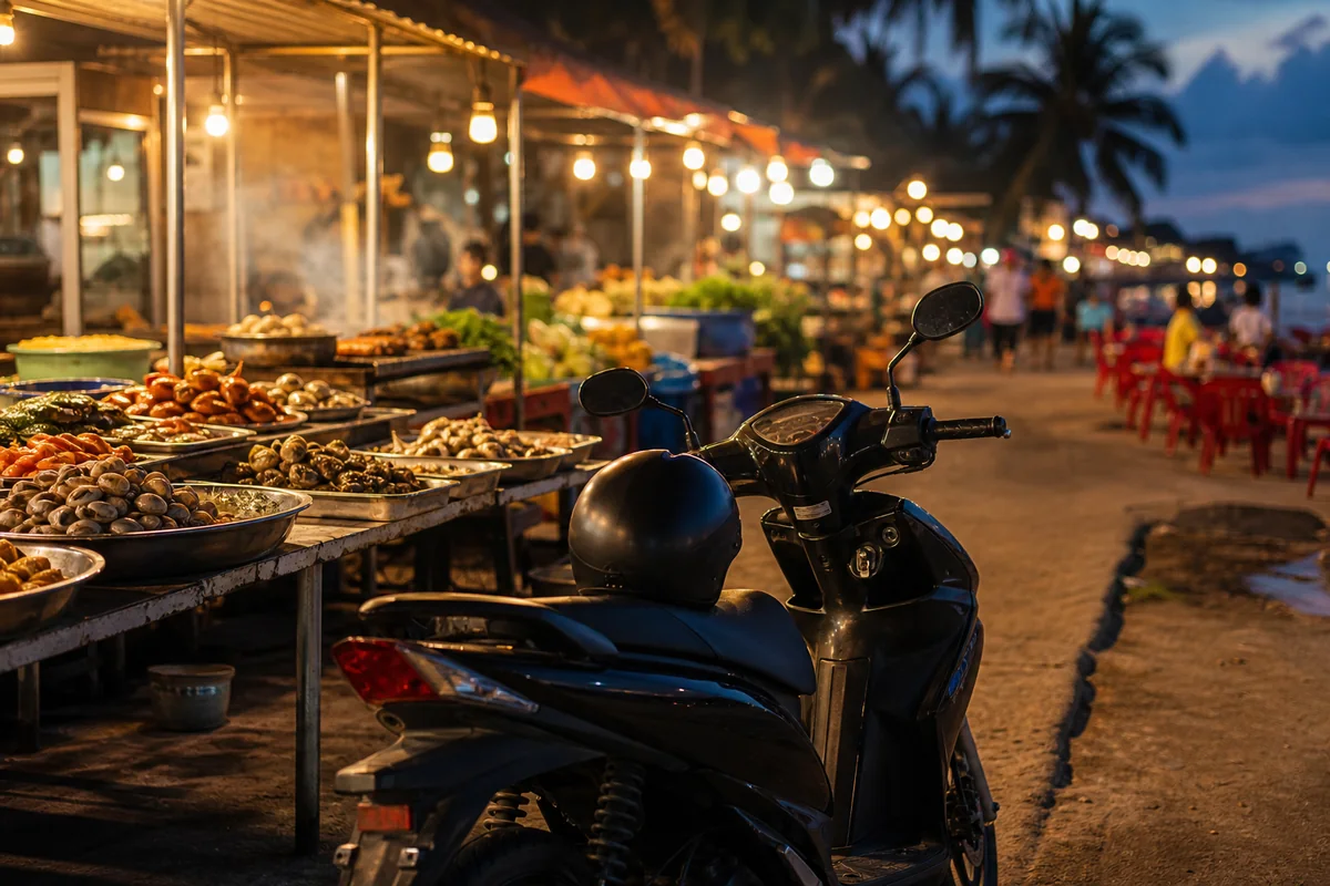 Scooter parked near a Phu Quoc night market food street