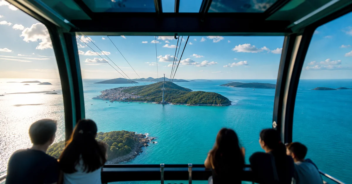 Panoramic view from inside a cable car cabin crossing vivid turquoise sea toward lush Hon Thom island in southern Phu Quoc, Vietnam