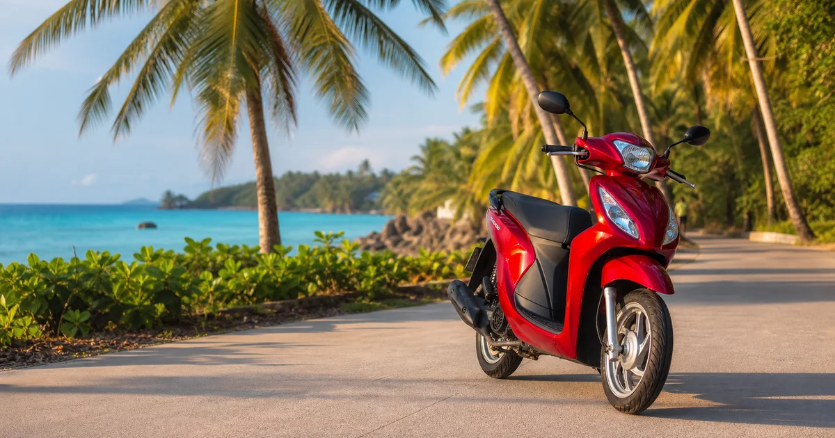 A red Honda Vision scooter parked on a scenic Phu Quoc coastal road with palm trees and blue sea in the background