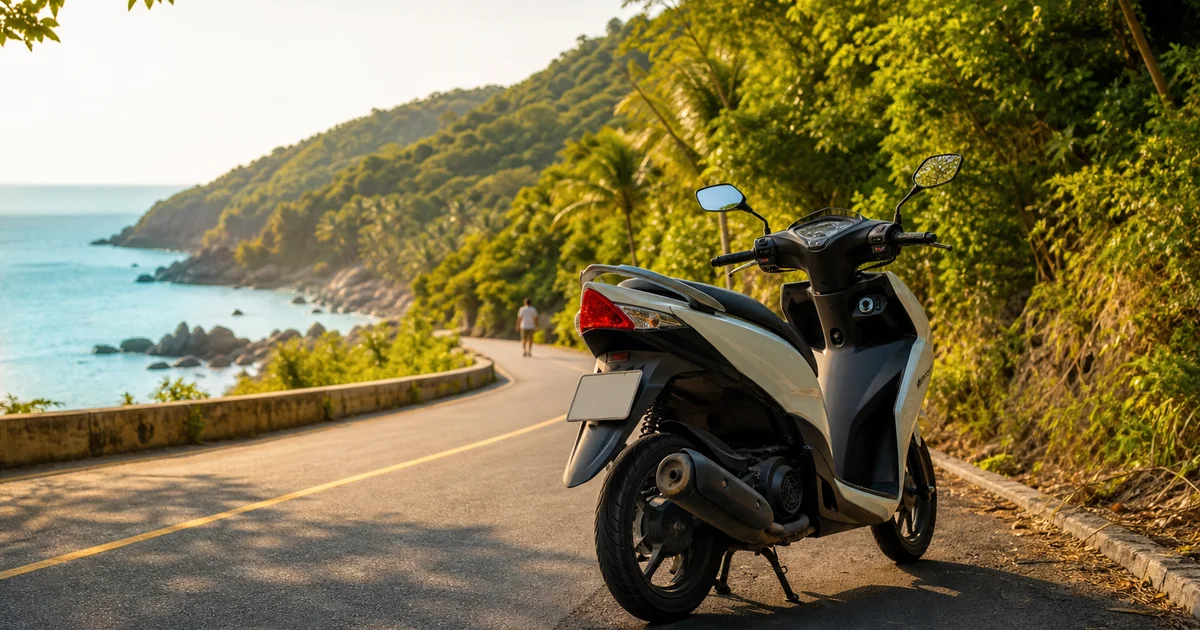 Scooter parked on a coastal road in Phu Quoc with turquoise sea in the background