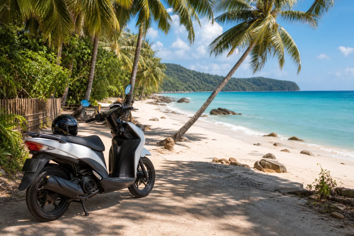 Scooter parked near a tropical Phu Quoc beach