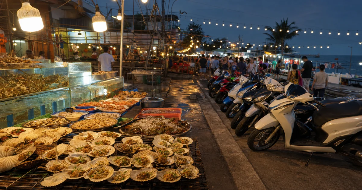 Scooters parked near lit seafood stalls at Duong Dong night market in Phu Quoc at dusk