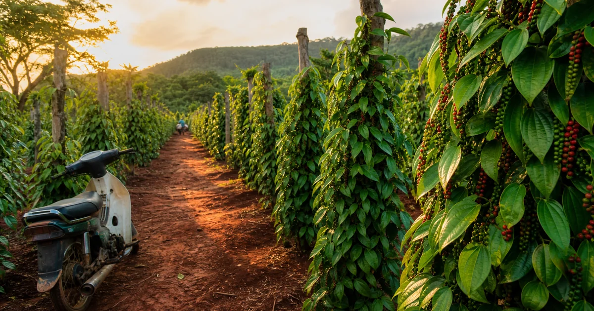 Rows of pepper vines on tall wooden poles at a Phu Quoc pepper farm, with a red-dirt path and lush green hills in the background