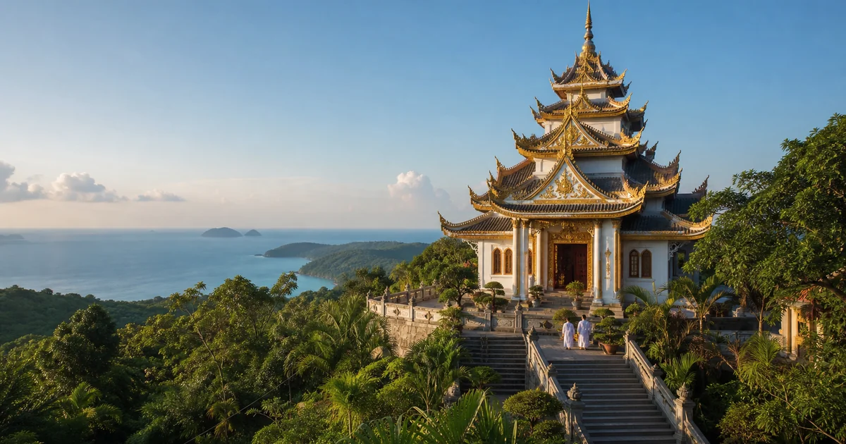 Ho Quoc Pagoda on Phu Quoc island, tiered white rooftops against a blue sea and green hillside