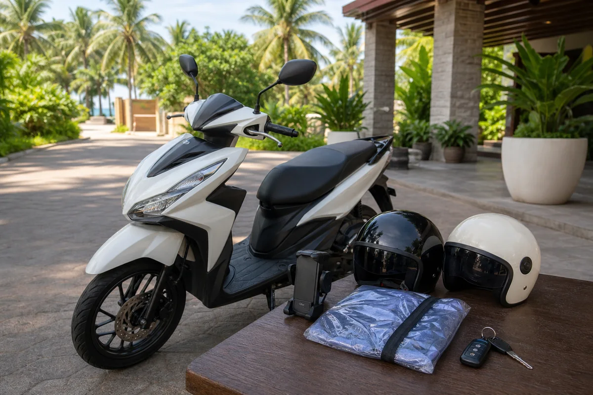 Scooter rental handover in Phu Quoc with helmets and gear