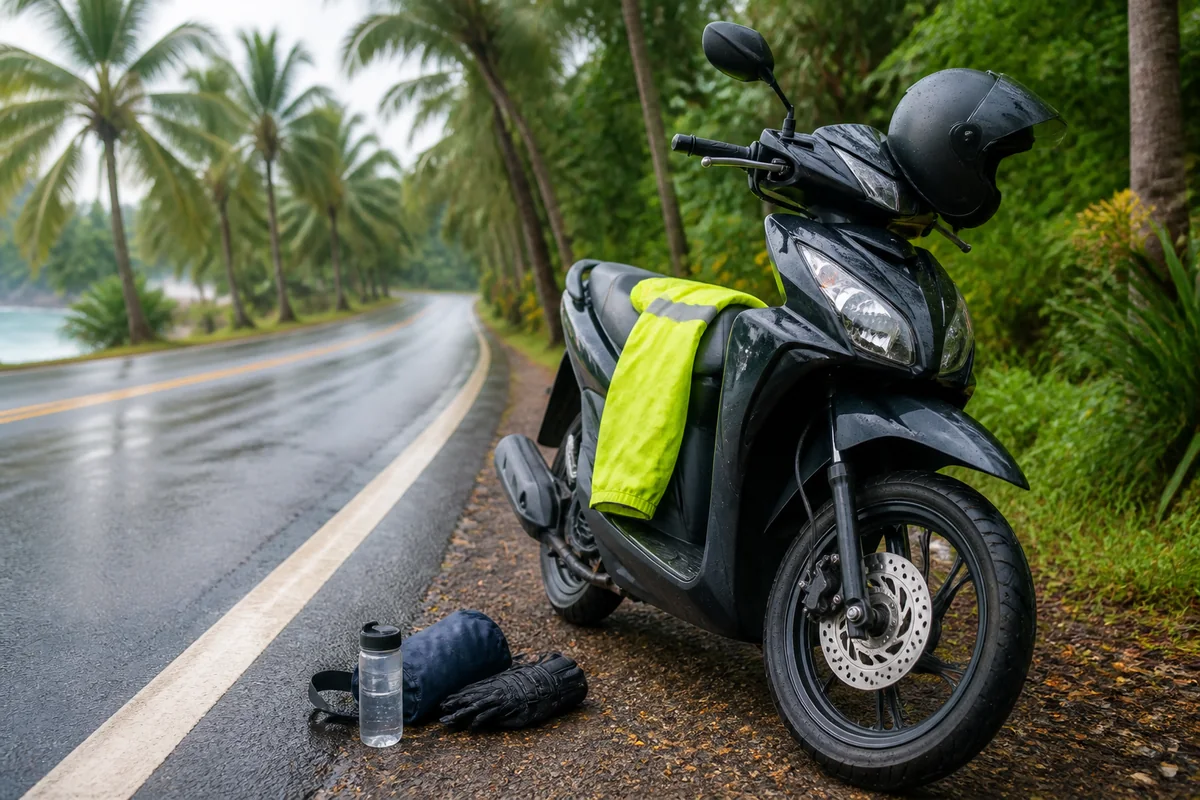 Scooter safety gear on a wet Phu Quoc island road