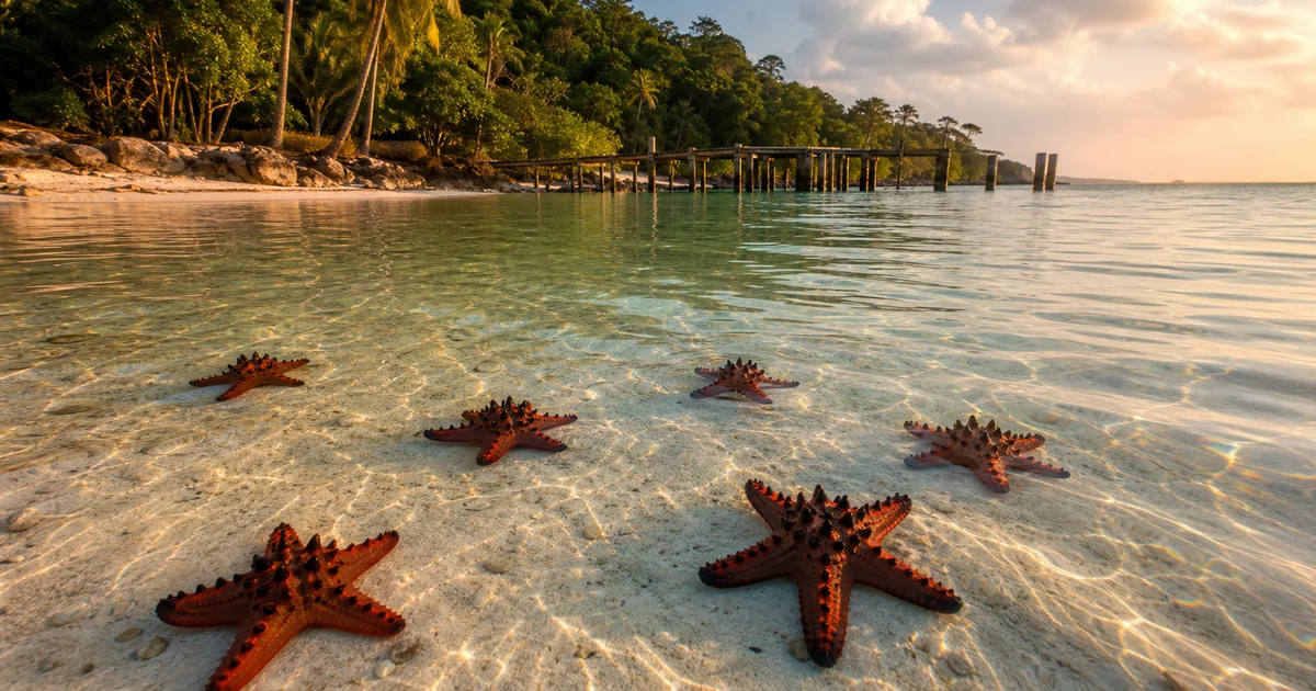 Shallow turquoise water at Starfish Beach Phu Quoc with red sea stars resting on white sand at low tide, wooden pier visible in the background