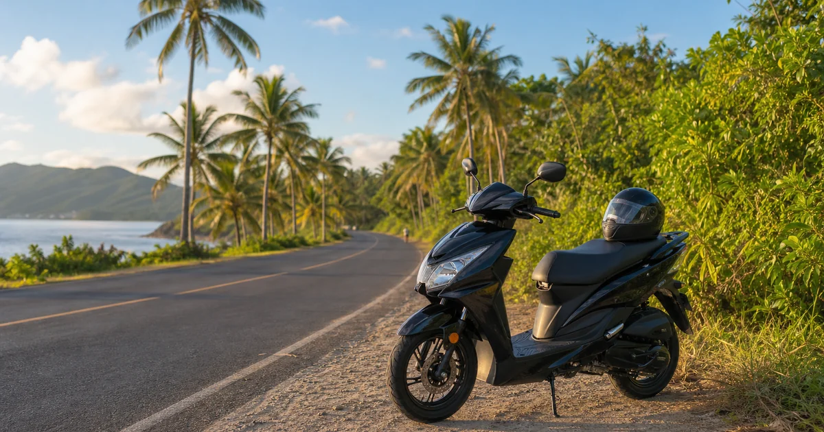 Scooter rider wearing a helmet on a quiet palm-lined road in Phu Quoc, Vietnam