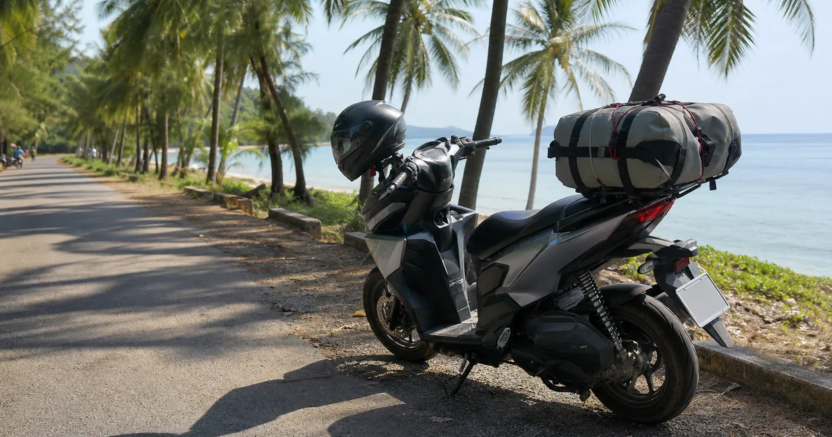Scooter packed with a dry bag and helmet in tropical Phu Quoc, ready for a day ride along a coastal road