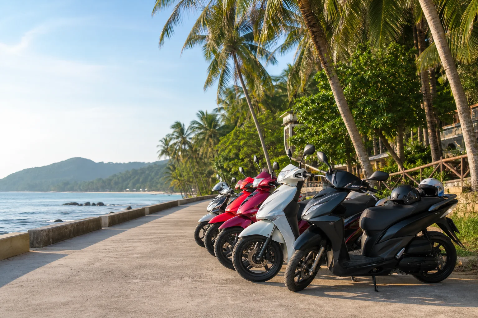 Rental scooter fleet on a Phu Quoc coastal road